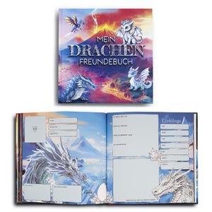 Könnte beinhalten: Ein geschlossenes und geöffnetes Buch mit einem Drachenthema. Der Umschlag zeigt eine farbenfrohe Illustration von Drachen und den Titel "Mein Drachen Freundebruch". Die Innenseiten haben eine Drachenillustration und leere Stellen zum Schreiben.