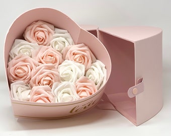 Pink Heart Shaped Gift Box With Pink and White Artificial Roses