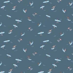 May include: A seamless pattern featuring a repeating design of surfers riding waves on blue surfboards against a blue background. The surfers are depicted in various poses and the waves are represented by stylized lines.