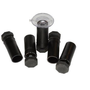 May include: Set of six black suction cup feet for furniture. The feet have a round base and a cylindrical stem. One foot has a clear suction cup.