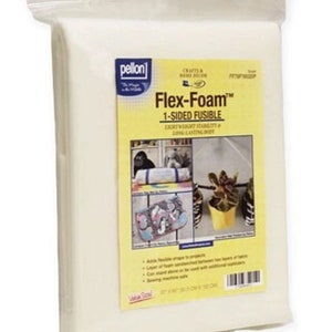 May include: A package of white Pellon Flex-Foam 1-sided fusible interfacing. The packaging features a yellow label with product text, images of finished craft projects, and dimensions of 20 inches by 60 inches printed on the front.