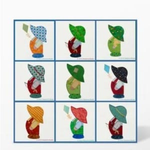 Könnte beinhalten: Gerahmtes Kunstwerk mit neun farbenfrohen Illustrationen einer skurrilen Figur mit Hut und Latzhose, die jeweils einen Drachen hält. Die Figuren sind in verschiedenen Farben gehalten, mit gemusterten Hüten und Latzhosen. Der Hintergrund ist weiß.