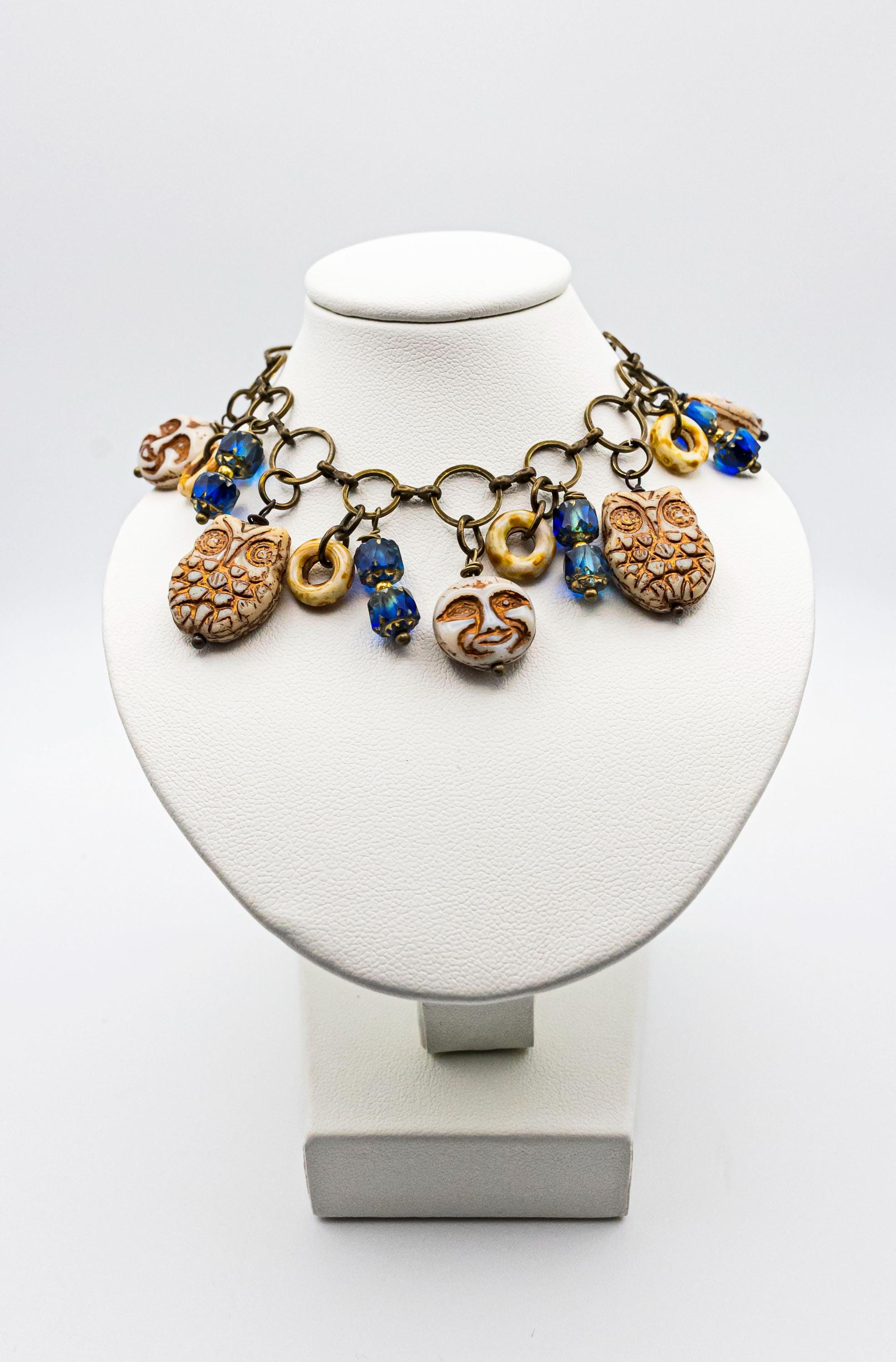Boho Owl Charm Bracelet: Czech Beads, Bronze Chain