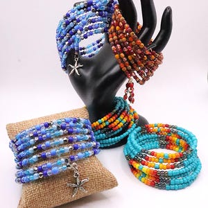 Boho Glass Beaded Memory Wire Wrap Bracelet, Multistrand Bangle
