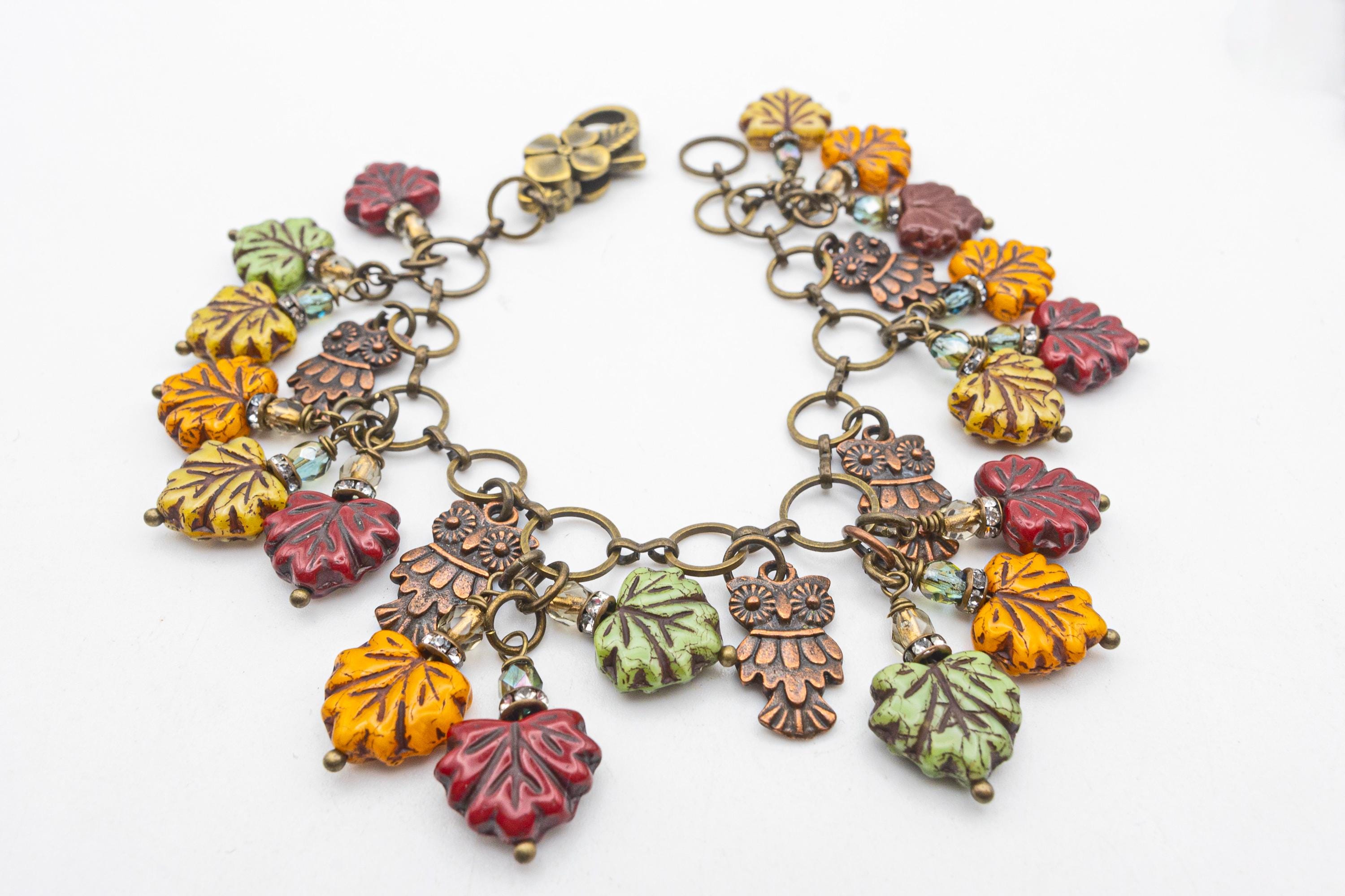 Owl Charm Bracelet, Autumn Leaf Jewelry, Czech Glass & Handmade Brass, Adjustable Gift for Her.