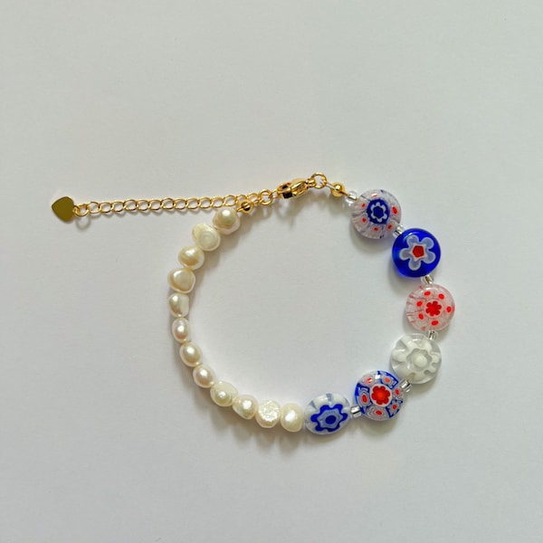 Millefiori beaded bracelet with freshwater pearls in pale cream handmade bracelet blue millefiori glass beaded with freshwater pearls