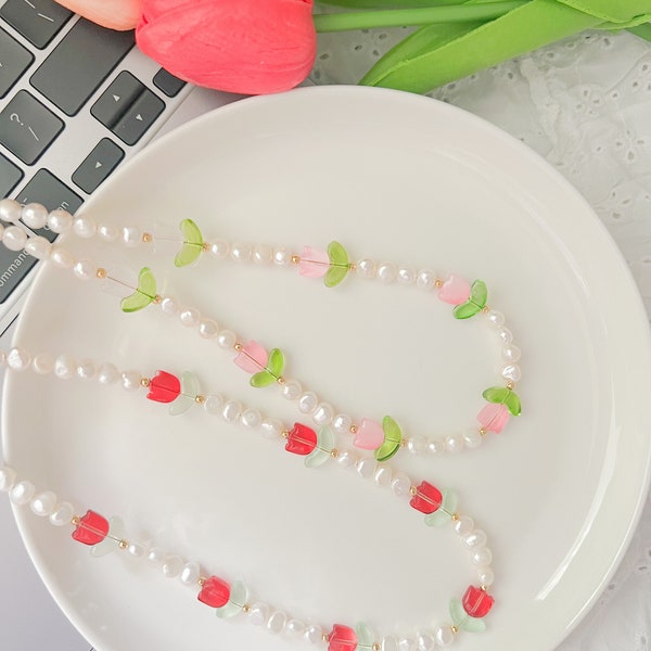 Red Tulips and freshwater pearls necklace handmade necklace beaded necklace gift for girls