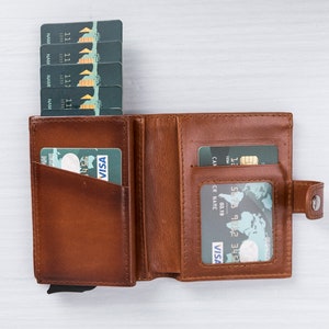 Leren pop-up portemonnee, minimalistische RFID-blokkerende mechanische kaarthouder, creditcardhouder, aangepaste pop-up lederen herenportemonnee - kerstcadeau