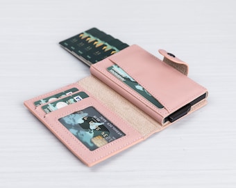 Custom Leather Pop Up Wallet, RFID Blocking Mechanical Card Holder, Detachable Mini Credit Card Case, Pop-Up Leather Women Wallet -Pink