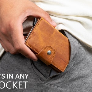 Cartera emergente de cuero personalizada, portatarjetas mecánico con bloqueo RFID, mini estuche desmontable para tarjetas de crédito, cartera emergente para mujeres y hombres, marrón