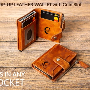 Personalisierte Leder-Pop-Up-Kartenhalter-Geldbörse und kleine Reißverschluss-Geldbörse, RFID-Blocking-Mini-Kreditkartenetui Kundenspezifische Münz- und Kartengeldbörse