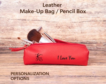 Personalized Leather Pencil Case, Custom Makeup Bag, Toiletry Bag