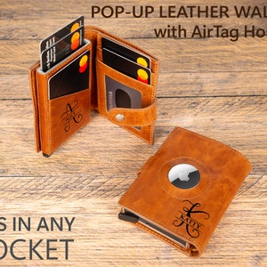 Portafoglio porta carte pop-up in pelle personalizzato con porta AirTag, blocco RFID, mini porta carte di credito, porta carte AirTag, regalo di San Valentino
