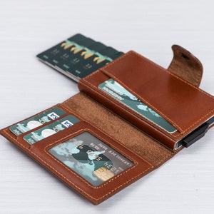 Portafoglio pop-up personalizzato in pelle marrone, porta carte meccanico con blocco RFID, mini porta carte di credito staccabile, portafoglio da uomo in pelle pop-up