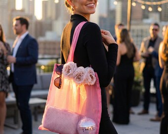 Bolso tote rosa brillante, bolso de malla de organza fucsia, bolso shopper llamativo rosa fuerte, bolso de moda para festivales, bolso transparente para fiestas
