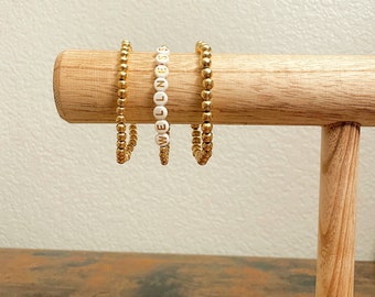 14K Gold Custom Name or Word Bracelets, Stacking Gold Beaded Bracelets, Gold-Plated Beads, 6mm, 5mm, 4mm