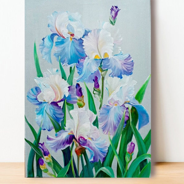 Iris-Gemälde, florale Originalkunst, 18 x 14 Zoll, blaue Iris, Leinwandgemälde, Blumen, Ölkunstwerk, florales Stillleben, Wandkunst von ArtOlgaStore