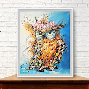Owl Painting Animal Original Art Bird Artwork 18 by 14&quot; Animal Canvas Art Bird Portrait Modern Painting Owl Wall Art by ArtOlgaStore