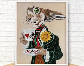 Alice in Wonderland Painting Rabbit Original Art Animal Artwork Rabbit Portrait Bunny Wall Art