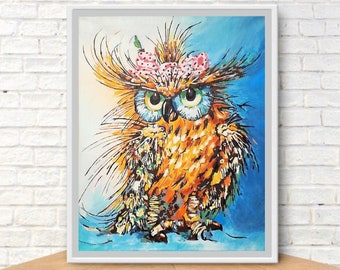 Owl Painting Animal Original Art Bird Artwork 20 by 16" Animal Canvas Art Bird Portrait Modern Painting Owl Wall Art by ArtOlgaStore