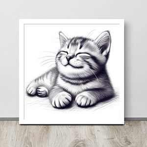 Schlafende Katze Kunstdruck von Originalgemälde Tier Poster Schwarzweißes Kätzchen von ArtOlgaStore