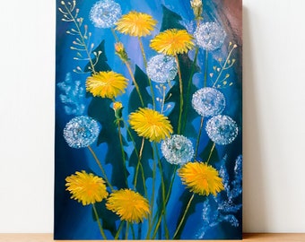 Löwenzahn Gemälde Blume Original Kunst Blumen Leinwand Gemälde 16x12" Löwenzahn Öl Kunstwerk Wiese Wandkunst