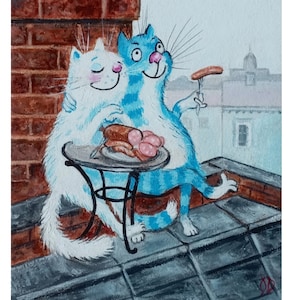 Funny Cats Painting Animal Original Art Cats Сouple Art Pet Oil Artwork Cat Wall Art by ArtOlgaStore