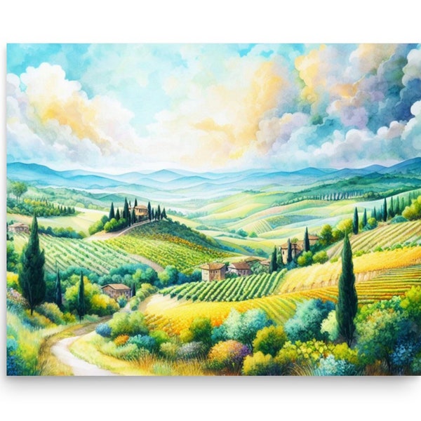 Tuscany Painting Field Watercolor Painting Farm Landscape Art Print Italy Wall Art Mountain Field Prints by ArtOlgaStore