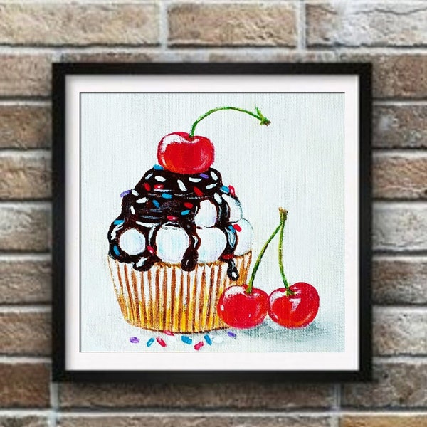 ArtOlgaStore, peinture sur cupcake, art original, dessert, oeuvre d'art, petite peinture à l'huile, cerise, cupcake, art miniature 6 x 6 po.