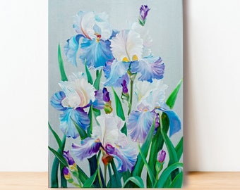 Iris pittura floreale arte originale 18 da 14" blu iris tela pittura fiori olio opera d'arte floreale natura morta arte della parete di ArtOlgaStore