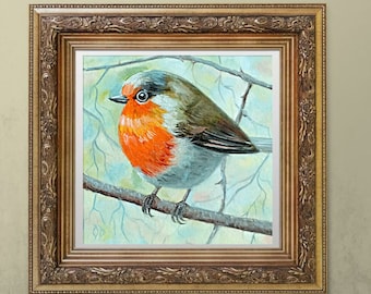 Rotkehlchen Rotkehlchen Gemälde Vogel Originai Kunst Kleiner Vogel Ölgemälde 20 x 20 cm Tier Wandbild von ArtOlgaStore