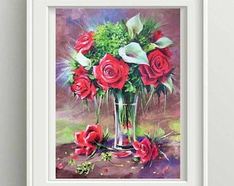 Peinture florale originale sur toile de roses, peinture sur toile de fleurs, oeuvre d'art florale, nature morte, peinture vintage, oeuvre d'art murale rose rouge par ArtOlgaStore