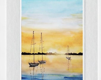 May include: Watercolour painting of a sunset over a calm body of water with three sailboats. The sky is a gradient of yellow, orange, and blue. The water is a deep blue with reflections of the boats.