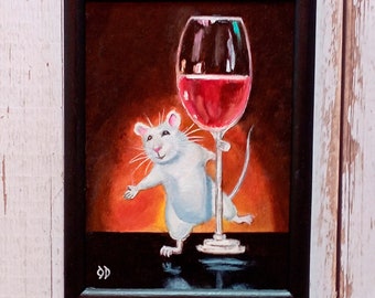 Mouse Original Painting Animal Framed Art Funny Mouse Small Artwork 8 by 6" Wine Wall Art Miniature Painting by ArtOlgaStore