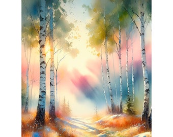 Birkenwald Aquarell Northwoods Kunstdruck Birken Malerei Pfad Wandkunst Wisconsin Landschaftsdruck