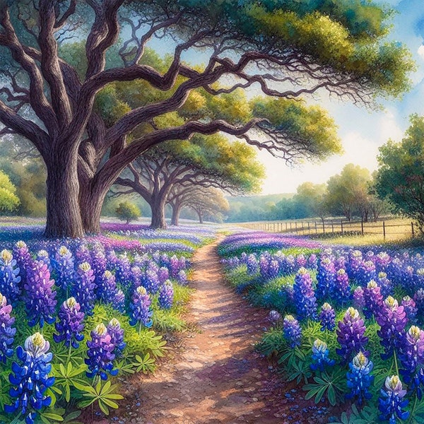 Texas Bluebonnets Painting Landscape Art Print Oak Trees Artwork Road Painting Wildflowers Wall Art