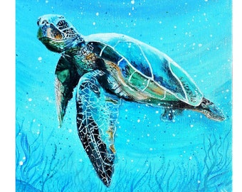 Sea Turtle Painting Animal Original Art Underwater Wall Art Sea Life Small Painting by ArtOlgaStore