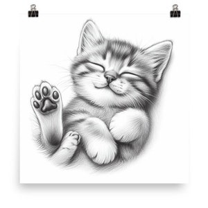 Impresión artística de gato rayado de una pintura original, pintura de mascota, póster de animal divertido, obra de arte en blanco y negro, arte de pared de gatito de ArtOlgaStore