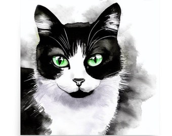 Tuxedo Cat Art Print: Black and White Watercolor Painting