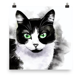 黒と白の猫のアートプリント タキシード猫の絵画 二色の猫のペットの水彩画 猫の肖像画