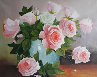 Rose Painting Floral Original Art Roses Canvas Painting Flowers Oil Artwork Floral Still Life Flower Wall Art by ArtOlgaStore