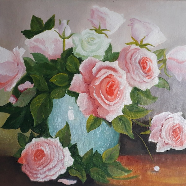 Rose Painting Floral Original Art Roses Canvas Painting Flowers Oil Artwork Floral Still Life Flower Wall Art by ArtOlgaStore