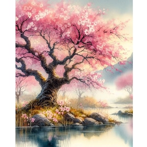 花の木の水彩画アートプリント 桜の絵画 桜の壁アート ピンクの花のアートワーク 日本の風景画アートプリント 生命の木 春の自然