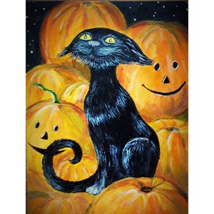 Halloween Cat Painting Animal Original Art Pumpkin Artwork Black Cat Painting Vegetables Art Pet Wall Art by ArtOlgaStore