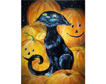 Halloween Cat Painting Animal Original Art Pumpkin Artwork Black Cat Painting Vegetables Art Pet Wall Art by ArtOlgaStore