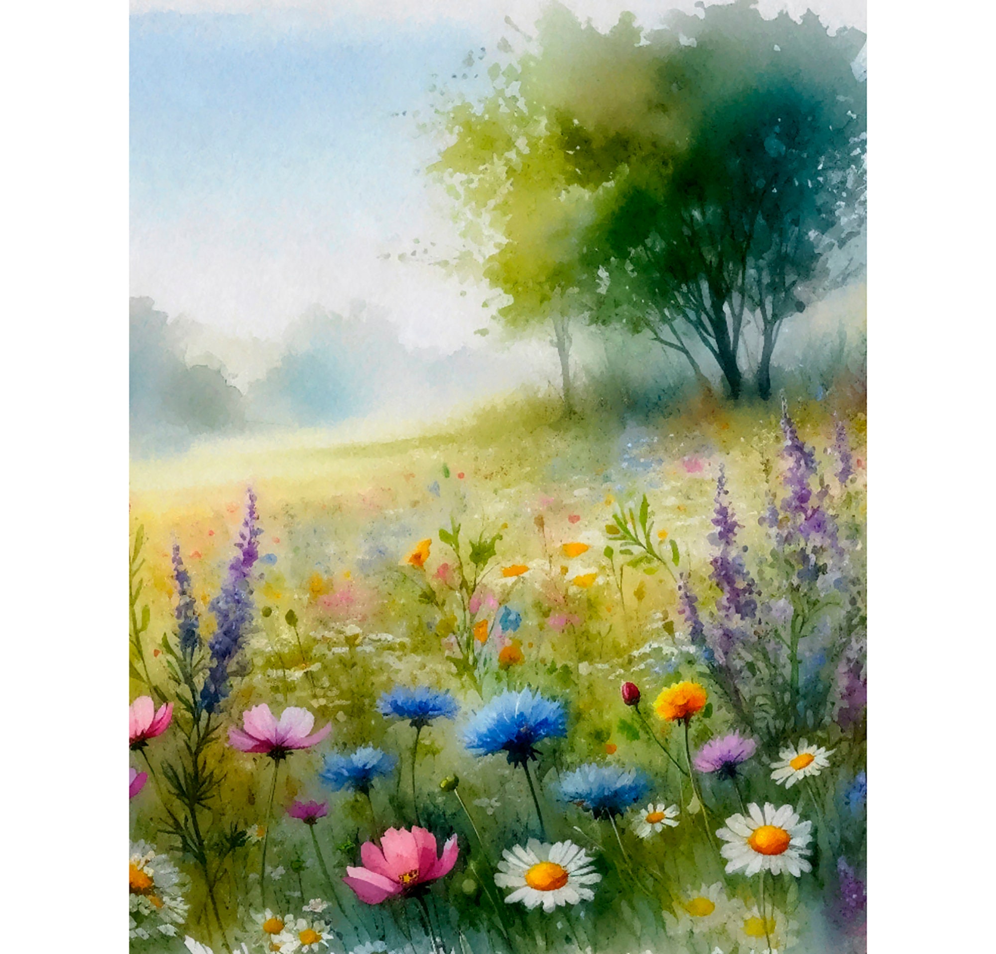 Wildflower Meadow Painting Flower Landscape Watercolor Nature Art Print Spring Wall Art Floral Rustic Wall Decor