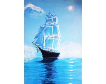 Sailboat Painting Seascape Original Art Nautical Canvas Artwork Sailboat Wall Art by ArtOlgaStore