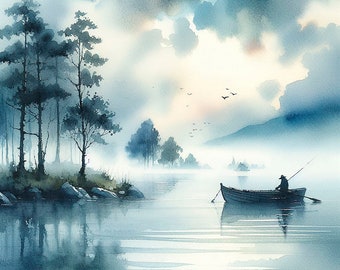 漁師の絵画 レッドフィッシュ湖のアートプリント 釣りの壁画 アイダホ