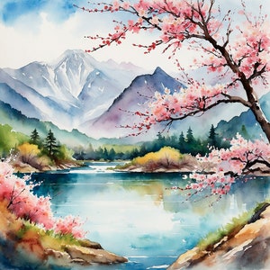 花の木の絵画 桜の水彩画 山 湖 風景 アートプリント ピンクの花のアートワーク 桜の木の壁アート