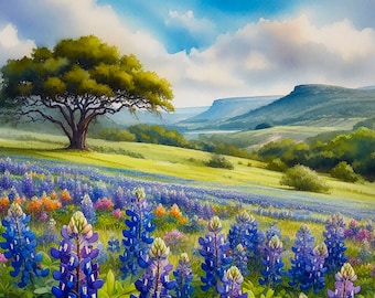 Texas Bluebonnets Painting Landscape Art Print National Park Artwork Meadow Watercolor Painting Wildflowers Wall Art